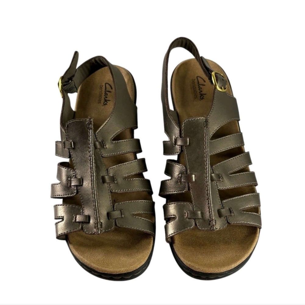 Clarks Sandals Leather 9W Wide Bronze Gold Lexi Marigold Slingback Buckle Wedge